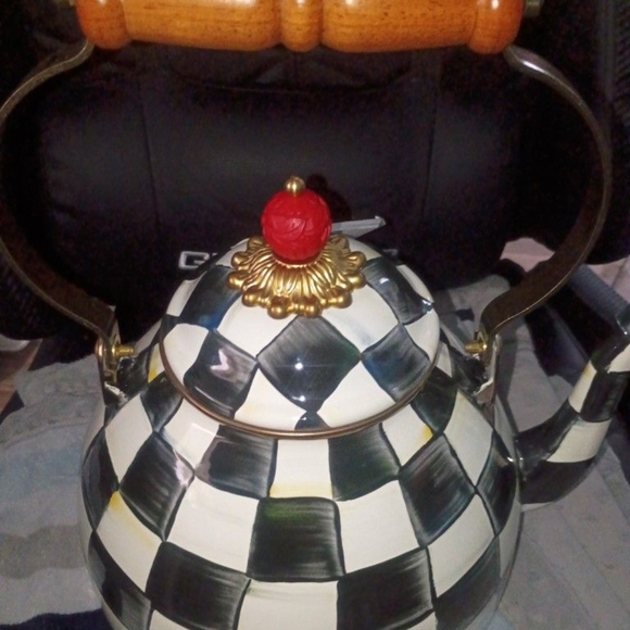 MacKenzie-Childs Black and White Checkered Teapot with Red Accent - Picture 2 of 3